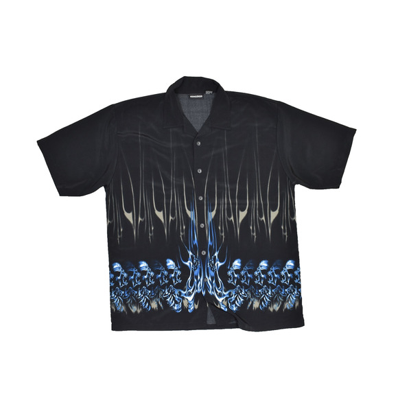 ODO Men's Black Short Sleeve Button Down Shirt with Blue Skull Print Size XL - Picture 1 of 8